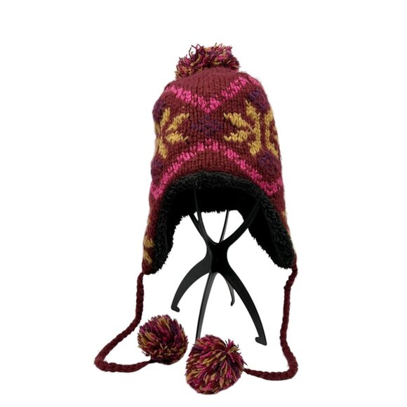 Handmade Chaos Knit Wool & Acrylic Earflap Hat With Pom-Poms - Picture 2 of 7